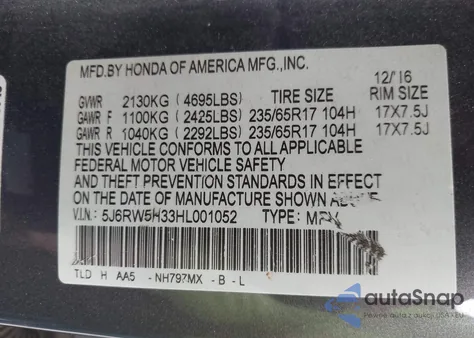 2017 Honda Cr-V Lx from USA, damaged, VIN 5J6RW5H33HL001052